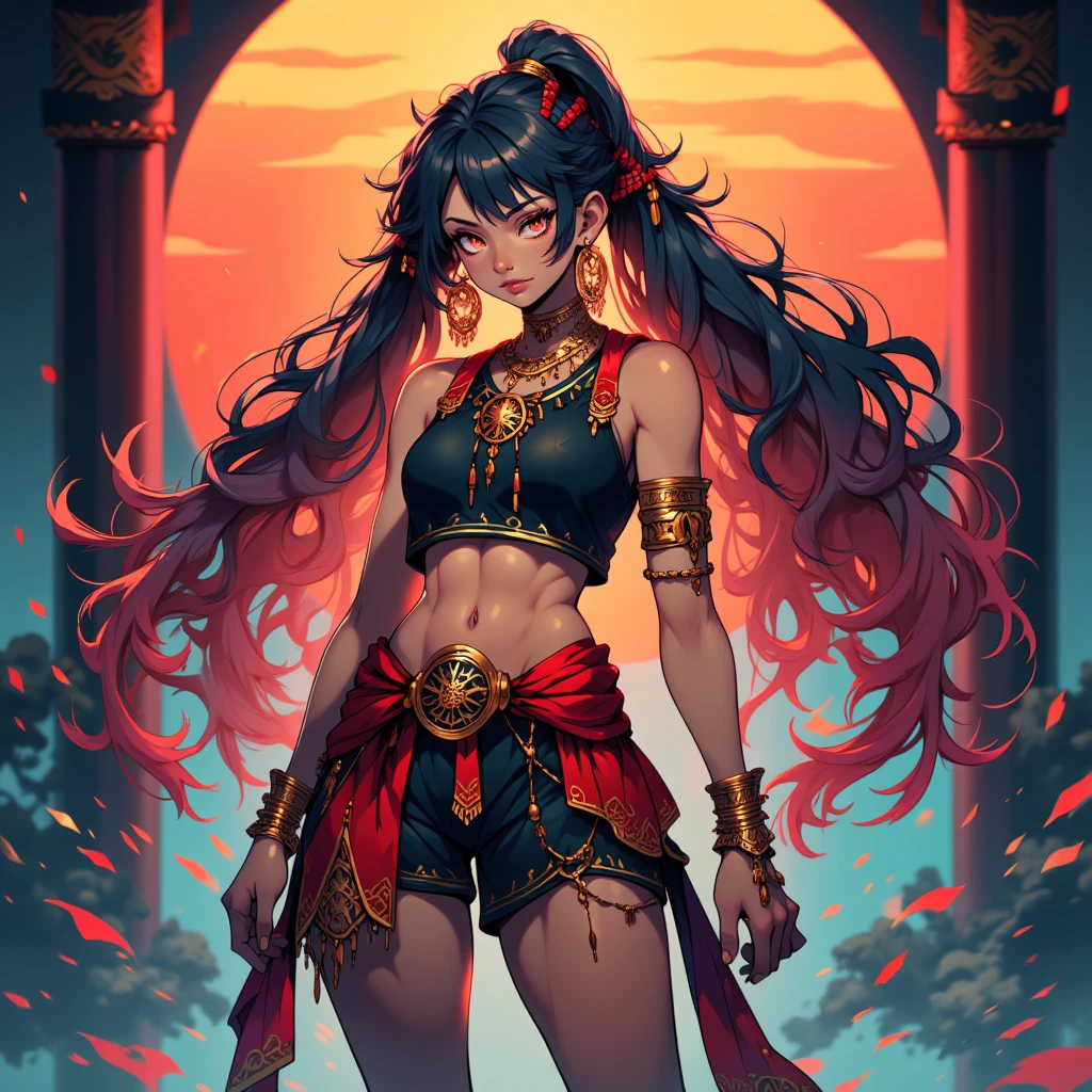 (tmasterpiece、top-quality,Black hair,Be red in the face,looks into camera,Off-the-shoulder attire,Close-up shot、top-quality、Large breasts,cleavage,Africa-centric(afro)、African Americans complete official art、Beautiful aesthetics, dark skin:1.2)、(1girl in:1.3)、(Fractal art:1.3)、The upper part of the body、From the side Side、looking at viewert、patterns、(Rainbow-colored hair、colorfulhair、African ink、clouds、starrysky、stone monument、Rough kanji、black-skinned,african man,ssmile,starrysky