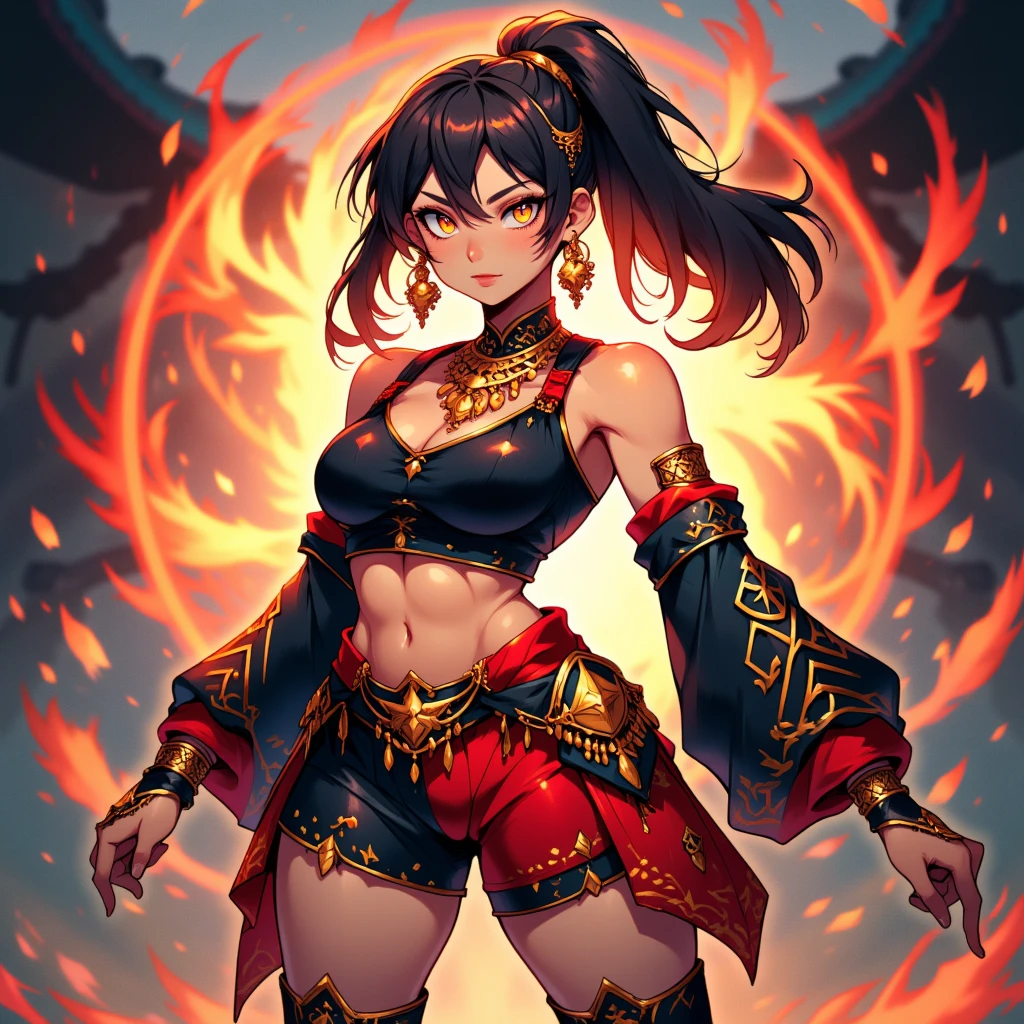 oni, demon girl, tribal face markings, obsidian horns, fiery orange hair, tribal, obsidian ((black skin)), volcanic ritual grounds, dancing in firelight, invoking ancient spirits, detailed face, tribal spear, tribal skirt, wholesome