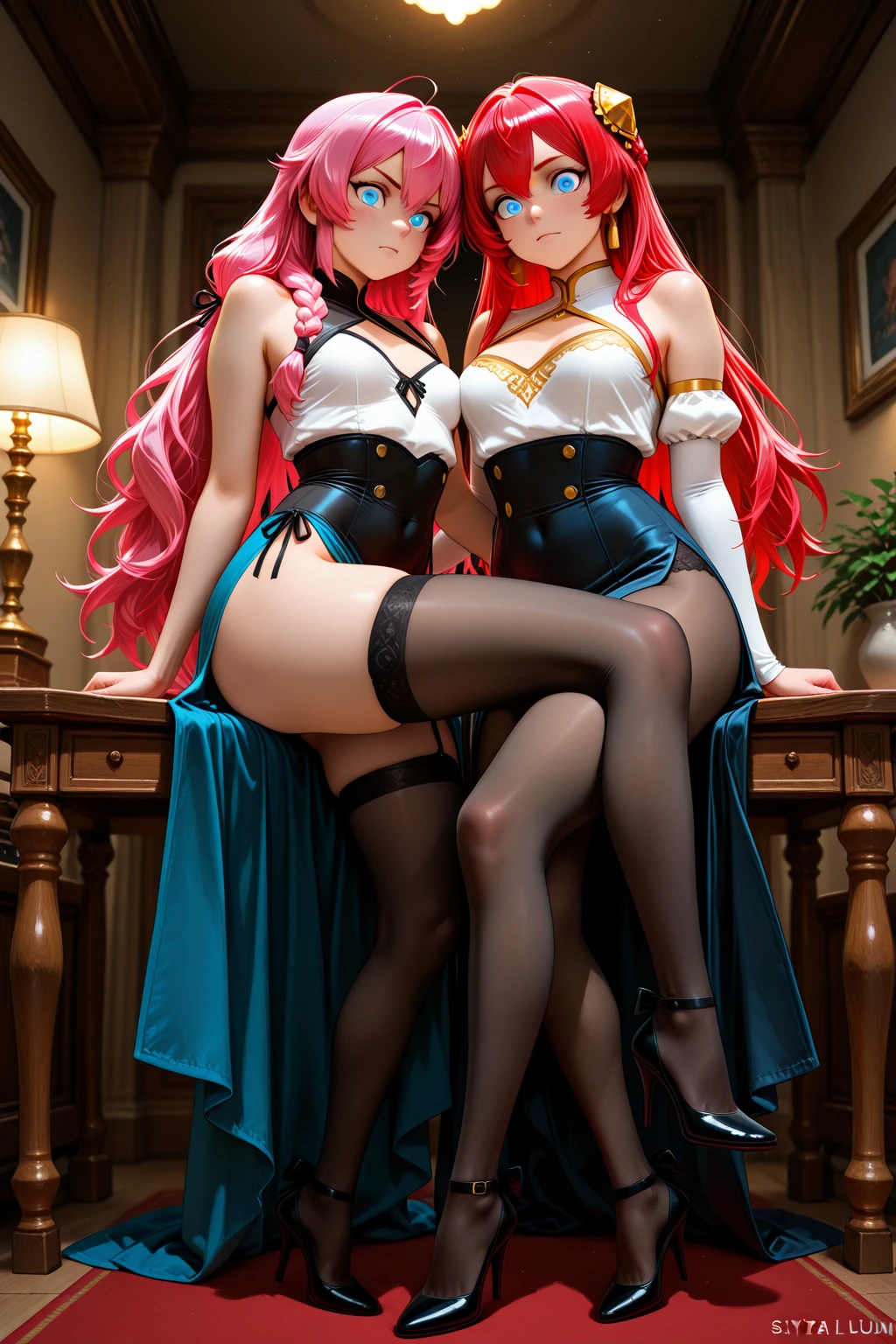 ((best quality)), ((masterpiece)), (detailed), 1girl, off-shoulder, Character design, female, dynamic poses, red hair, white hair, blonde hair, dark hair, ponytail, thick ponytail, blush, very skinny, detailed, best quality, no accesoires around the neck, no shoes, prominent collarbones, skinny arms, flat stomach, visible hip bones, small breasts, NSFW, Very dramatic and cinematic lighting, cosmic horror, grim-dark, side-lighting, perfect face, NSFW, Fluttering lace flared long knee length dress with frilly petticoats, knee length dress, pleated petticoats, petticoats, NSFW