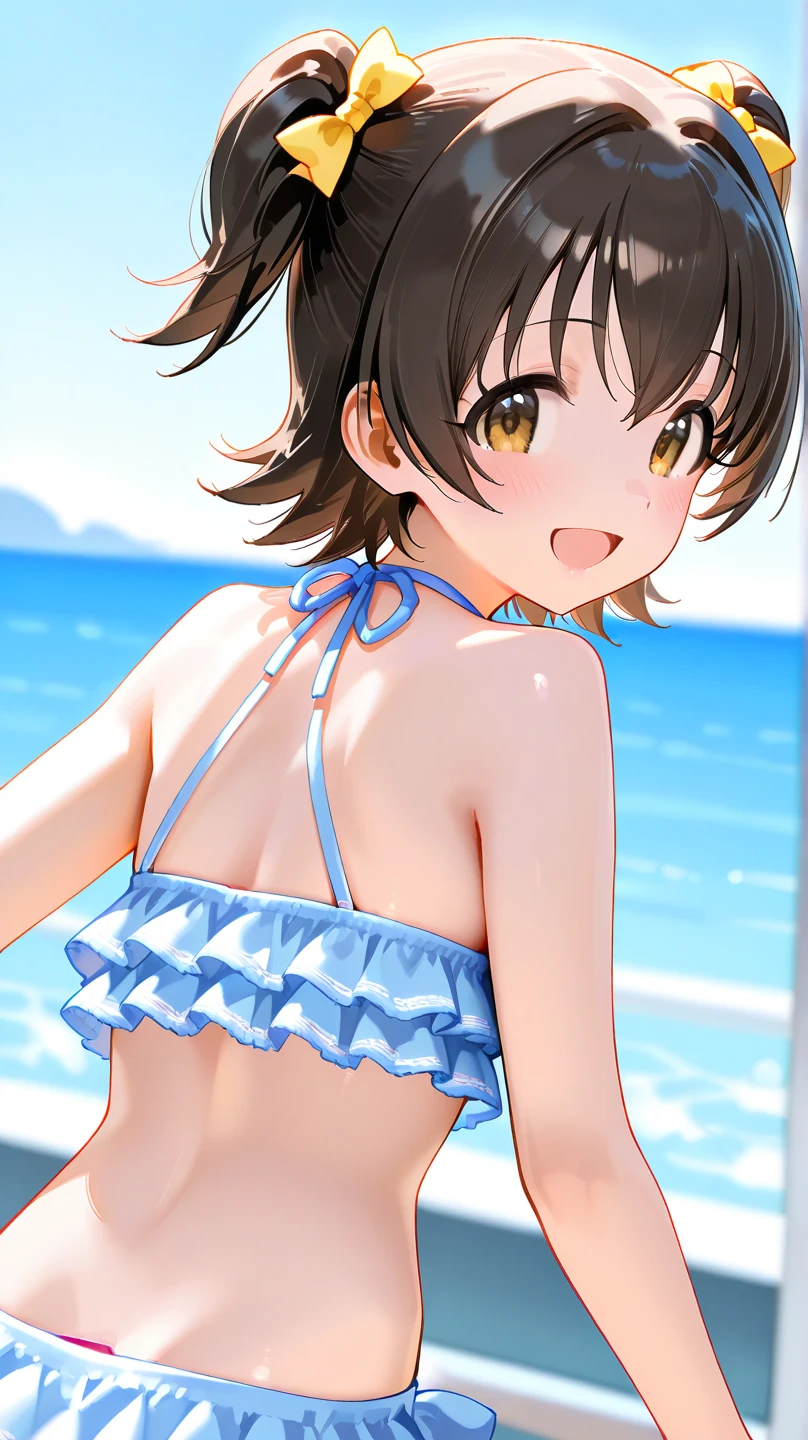 10 years old,Girl,,Flat Chest,Little white panties,Small nipples,Highest quality、High resolution、Detailed Background、Beautiful face in every detail、Teenage Beauty、Cute hair colour、Brown Hair、Black Hair、Bobcut、Twin tails、Big smile、boost mood、 Summer sun、Shining Sea,Angle from below、Leg spread、Embarrassing、

