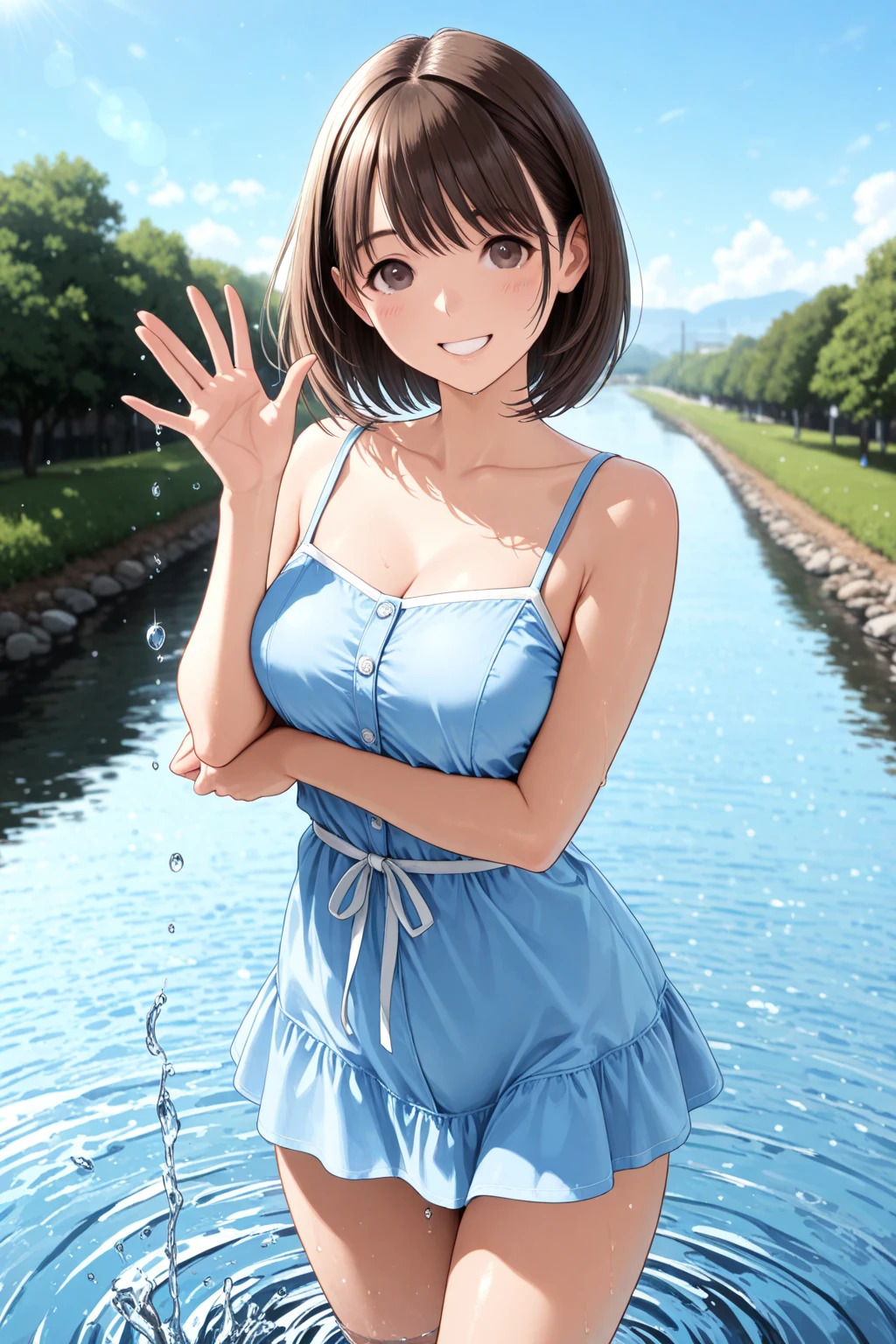 masterpiece,best quality,ultra detail, 1girl,petite, aalo, short hair, ahoge, blush stickers, collarbone, polka dot dress, blue dress, sleeveless,<lora:last_order_v1:0.7>,smile,from side,fountain,stylish pose,flare,splash water