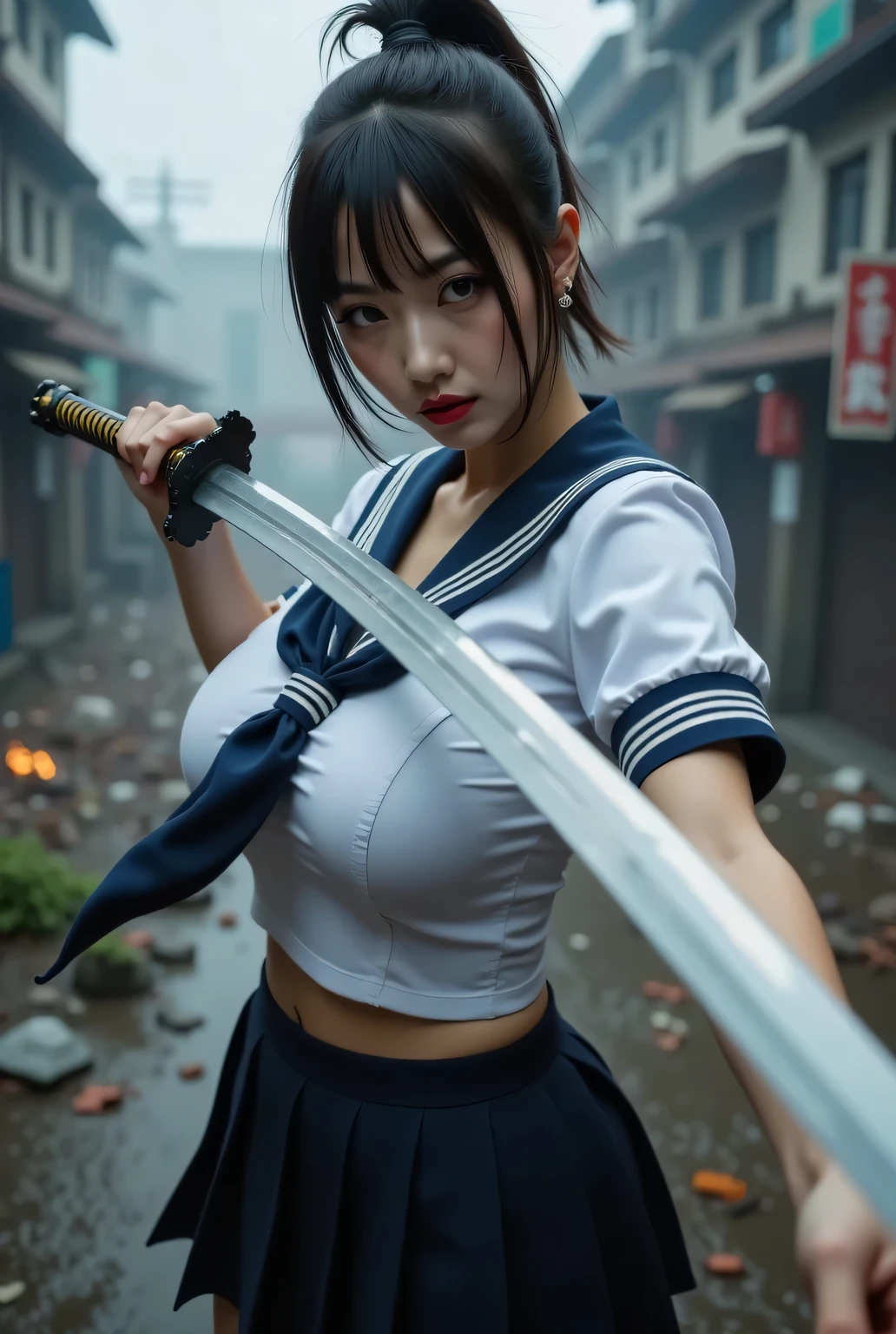 Sailor uniform and pleated skirt.
Background is a destroyed city.
Luminous samurai sword. Exorcising evil spirits. Reflection of light after.
Sorcery effects, magic effects, motion effect.
She is swinging a samurai sword, movement effect.
Super beautiful Japanese girl, closed mouth, she is intimidating, staring at the viewer, makeup, eyeshadows, eyeliners, long false eyelashes, light red lips, short high ponytail.
Glamorous body.
Sailor collar uniform. Pleated skirt.