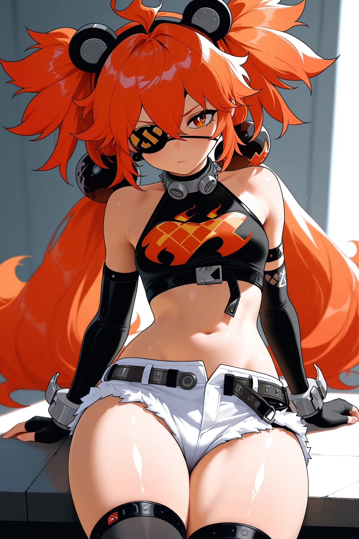 anime artwork, score_9, score_8_up, score_7_up, score_6_up, score_5_up, score_4_up,alisasr, 1girl, orange hair, red eyes, fake black cat ears, hairband, long hair, very long hair, twintails, hair ornament, hair bobbles, low twintails,, \\\\\\ \\\\\ , cat lingerie, paws gloves, cat tail, the pose, , claws, naughty face, sky background