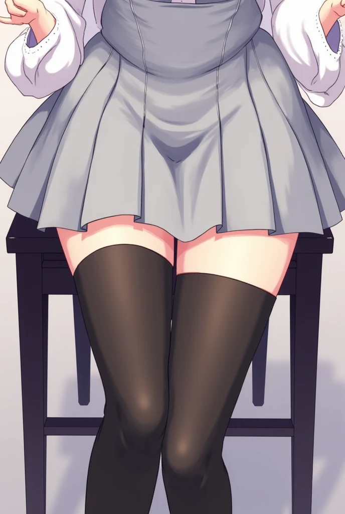 masterpiece, best quality,fuyusaka iori 1, 1girl, solo, hair flower, white shirt, skirt, pleated skirt, black skirt, shoes, hair ornament, flower, long hair, full body, socks, grey hair, white flower, grey eyes, outline, looking at viewer, highly detailed library background, middle breast, smile, shameful face, slander, straight on, standing, loafers, arms back