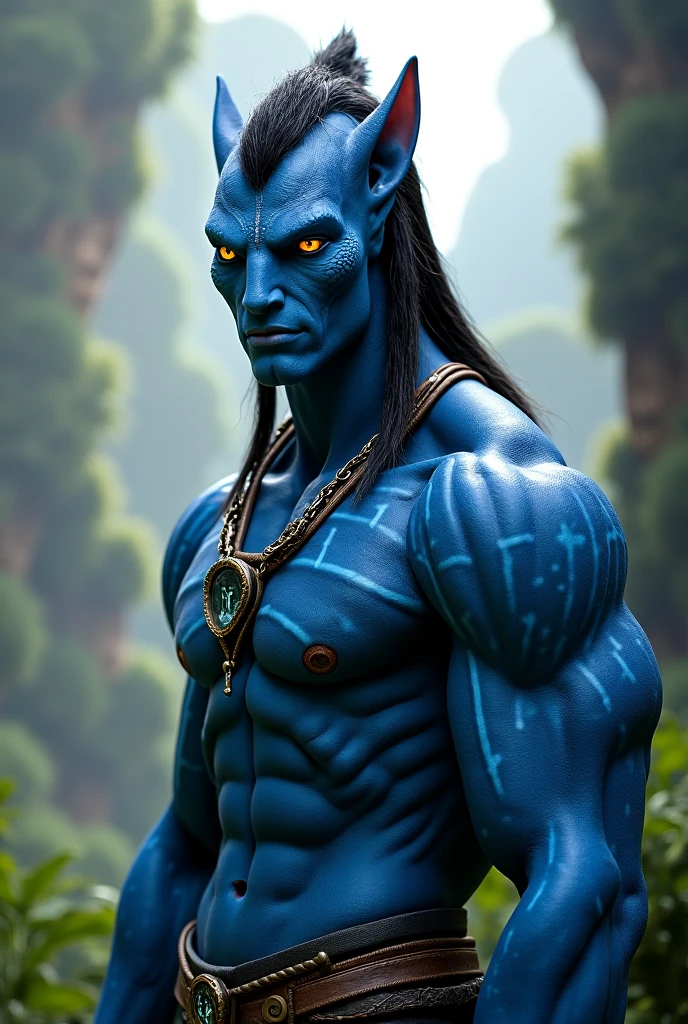 (proportional eyes, detailed face, detailed eyes), (realistic:1.5),photorealistic, hyper realistic, extremely detailed, hyper detailed, soft lighting, detailed background, extreme detail background, sharp details, ((full body)), ((man, male)) navi, <lora:navi-000003:1>, blue skin, warrior, leather armor, bow in hand