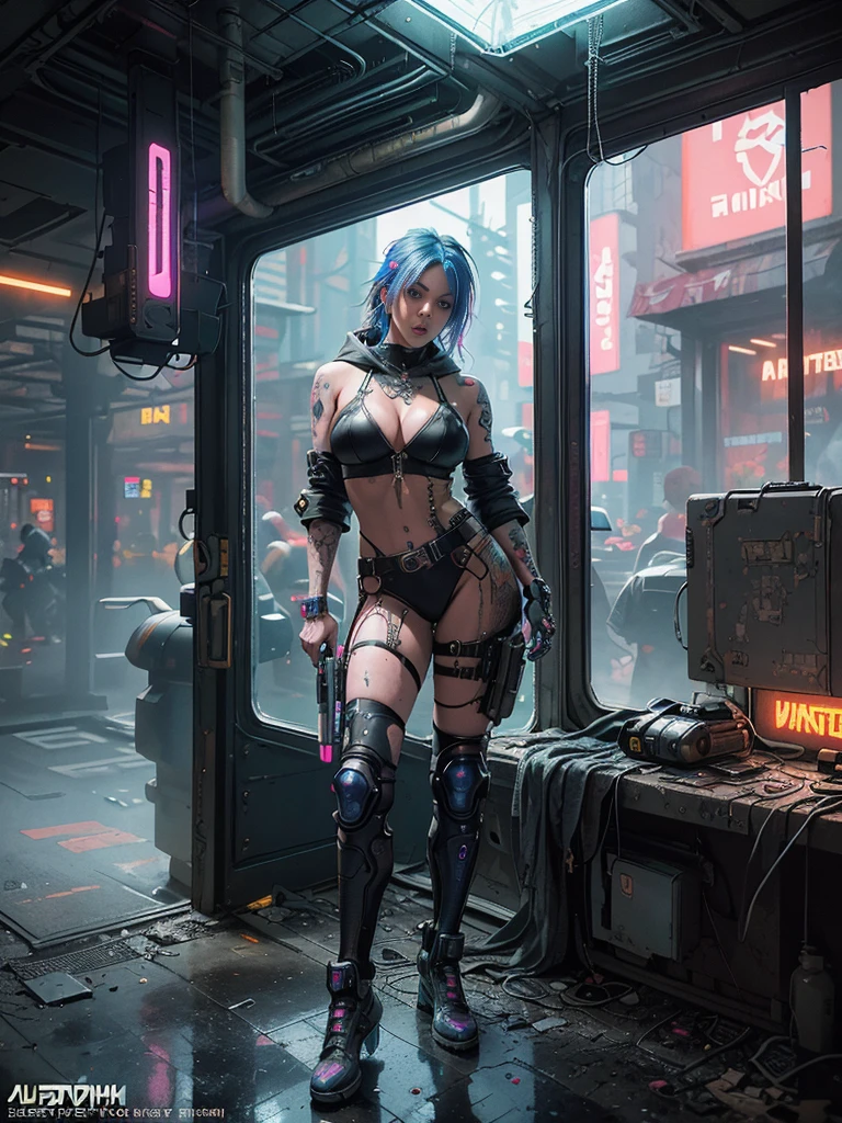 Unbeatable masterpiece, Ultra photo realsisim, Perfect Artwork, Intricate details, Best Quality, strong lights,High contrast,((Post apocalyptic futuristic Cyberpunk , outline):1.35) , ((masterpiece)),((Extremely detailed)) , ((extremely detailed and beautiful face)) , Smoky makeup, Perfectcomposition , intricate detailes , neon light , neon trim, (full body Esbian:1.25) , (Official art) , Very delicately beautiful cyberpunk girl, long blue colored hair blowing in the wind, vibrant yellow eyes, long detailed eyelashes, huge enormously gigantic tits, cleavage showing, wearing highly detailed futuristic hooded battle armor, tons of tattoos and piercings(1girl:1.3) , Solo , (glass screen:1.2) , (Clear glass) , Tindall Effect , Colorful refraction , visual impact , (High light contrast) , Colorful , Melt , (Cyberpunk:1.2) ,(flinch :1.4) ,