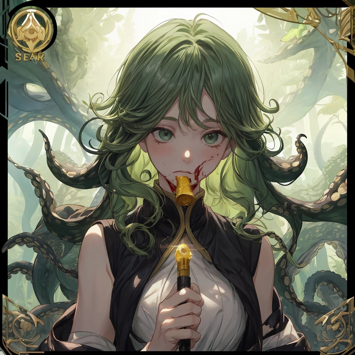 A 15yo girl tangled with green Tentacles, She has brown hair, Tentacles are slim, Glossy skin