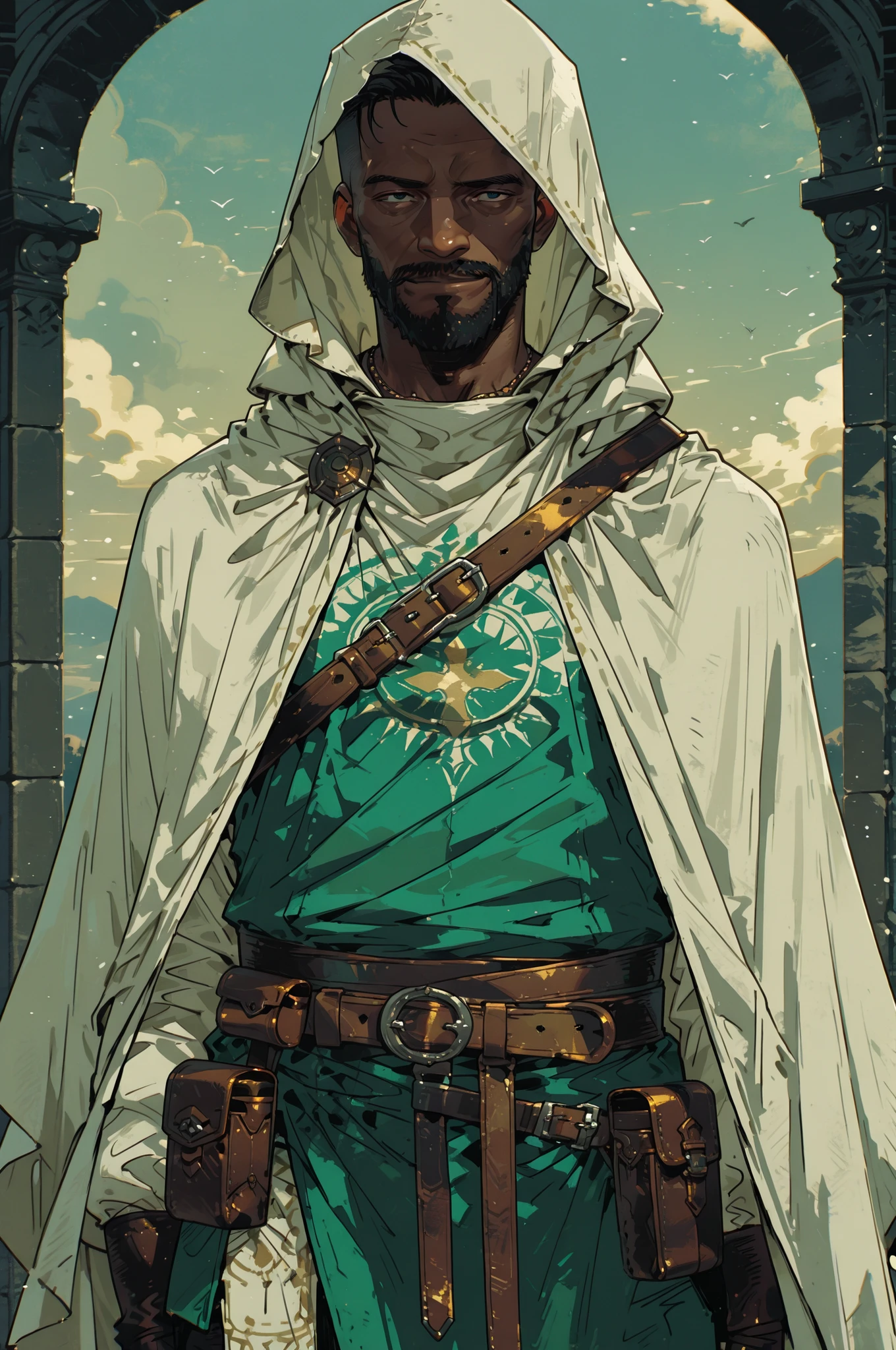 Solo; 1 man, mature man, half_aged man, African skin, wears a hooded cloak that drapes over a rugged tunic, giving off a medieval or fantasy vibe, straps and belts wrap around the waist, securing a pouch at their side. The chest area of the garment is notably worn and frayed, a gentle smile expression, color palette adds depth to the scene, evoking a sense of ancient  and mystery 