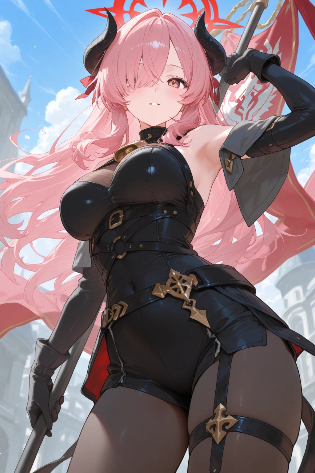 ((Highest quality)), ((masterpiece)), (detailed), One person, Pink Hair,Twin tails,Dress Armor,Green Eyes,Cane in both hands,Big Breasts,skirt,Thigh,ribbon