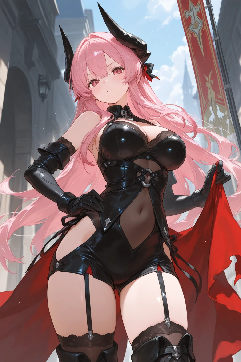 Hindenburg, ahoge, demonic horns, 1 girl, Alone, humongous large breast, from below, heart - shaped pupils, Open, Heavy breathing, , Speak up, black pantyhoses, The dark man, , Be red in the face, perspiring,gloves on the elbow, Black gloves, ,