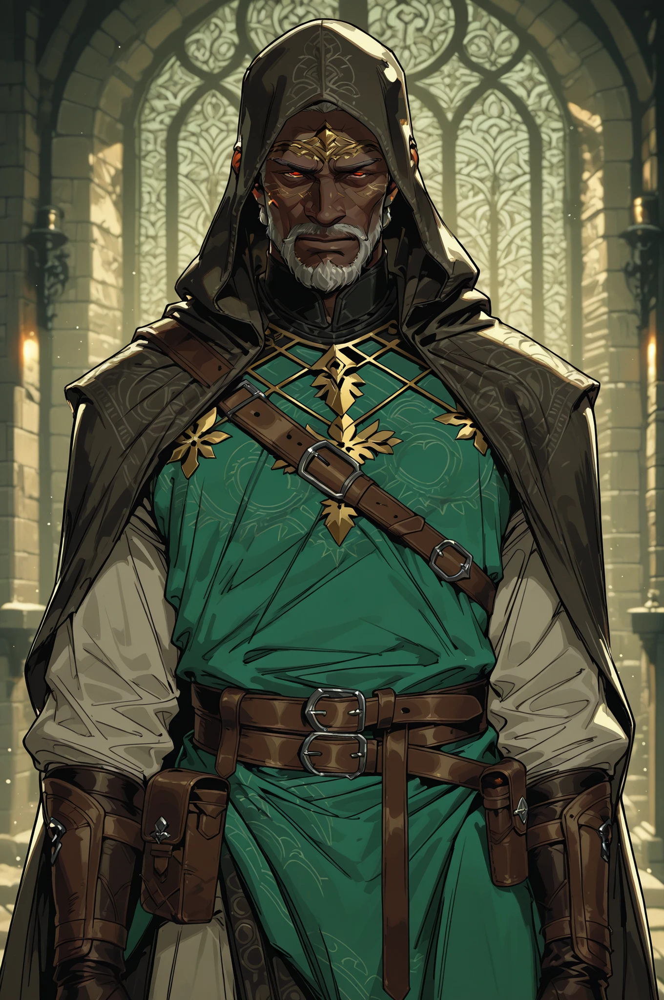 Solo; 1 man, mature man, half_aged man, African skin, wears a hooded cloak that drapes over a rugged tunic, giving off a medieval or fantasy vibe, straps and belts wrap around the waist, securing a pouch at their side. The chest area of the garment is notably worn and frayed, a gentle smile expression, color palette adds depth to the scene, evoking a sense of ancient  and mystery 
