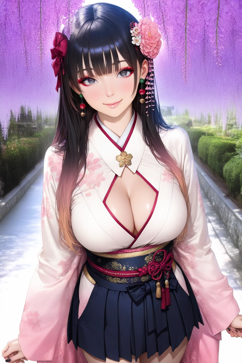 highest quality、High resolution、detailed background、cute10代の美少女、(two women:1.3)、brown hair、bob cut、braided ponytail、(huge breasts:1.3)、realistic、perfect body line、Floral embroidered panties、floral embroidered bra、emphasize the chest、emphasize cleavage、
He looked at me with a happy expression.、smile、Calm atmosphere、朱色のcuteメガネ、
Keep sleeves, typical shrine maiden's kimono, Gives a gorgeous and formal impression.、
The soft colors and floral design create a cute impression.、
Keep sleevesに合わせる帯は華やかさと巫女らしさを引き出すアイテムです.、
It is a good idea to choose an obi with a cute floral pattern or decoration on the tightening part.、
Shrine maiden'The costume has a collar decoration called a maeita.。.、
Choose a front with a cute ribbon or flower motif.、
You can choose cute geta or zori sandals for the shrine maiden'footwear.、
Something brightly colored、We recommend designs with small ribbons or flower decorations at the feet..、
You can also add cute accessories、
Pins and hair bands with flower and ribbon motifs、
Shrine maidenらしいアクセサリーを選んでみてください.、
Arrange your hair in a shrine maiden style such as a bun or braid..、
In makeup, to give a healthy impression、Natural skin tone and soft cheeks recommended.、
Meiji Shrine in Tokyo、This is a shrine dedicated to Emperor Meiji and his achievements during the Meiji era.。.、
Vast grounds and beautiful forest, You can enjoy the atmosphere of a traditional Japanese shrine.、
Shrine maidens participate in rituals and festivals.、
Perform sacred rituals to offer prayers and blessings in front of the shrine together with the shrine.'chief priest and priests.、
Shrine maiden guides the worshipers and explains the rules and etiquette of the shrine.、
It plays the role of supporting worshipers so that they can worship properly.。.、
Shrine maiden also manages and cleans the shrine.、Maintaining the beauty and cleanliness of the shrine through maintenance and cleaning of the precincts、cute