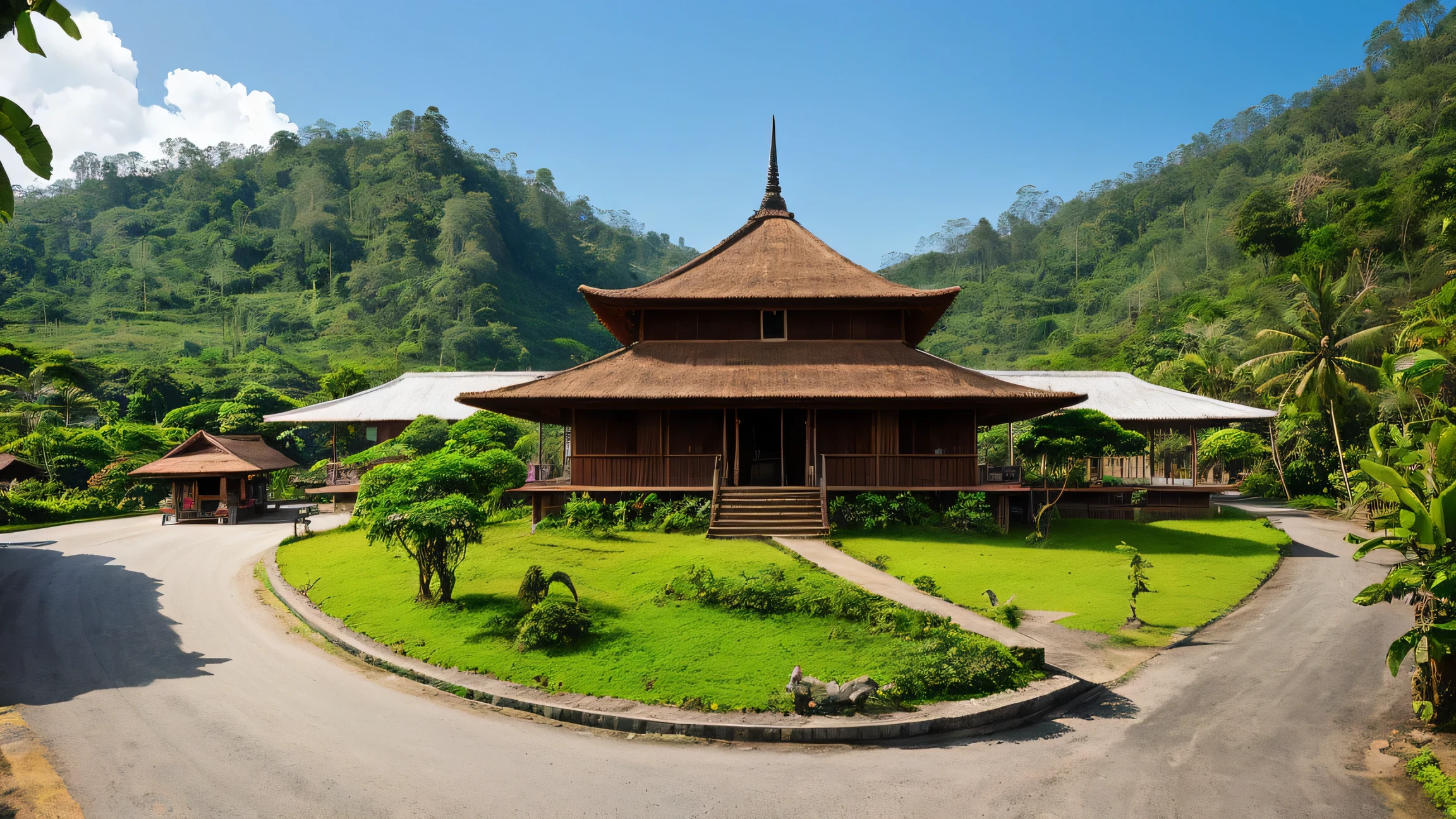 Traditional Minangkabau Rumah Gadang house in West Sumatra, Indonesia, in daylight with blue sky and surrounding tropical landscape, focus on the dramatic curved roof with horn-like shapes, cultural heritage architecture, clean composition, no people, no text, photorealistic, high resolution, suitable for commercial use.