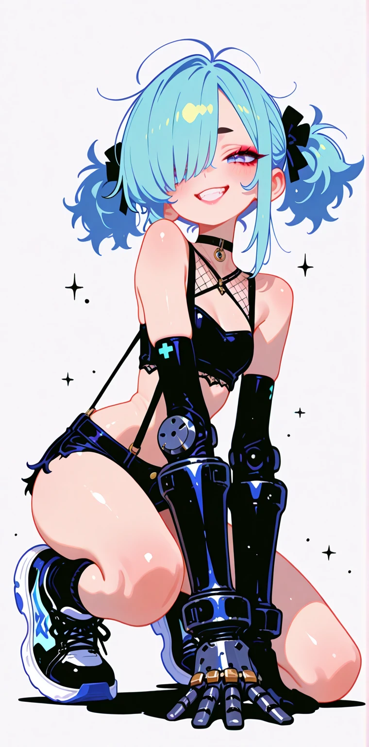 8k.4k,((Best quality, masterpiece, ultra high resolution)),((full body)),standing,by Pixelsketcher, <lora:Pinky:0.8>,Pinky, twintails,blue eyes,((blue corset, blue legwear ,blue panties, blue hair)),neon lights, cleavage,breasts, garter straps,shoes,short twintails, bangs,hair ornaments,pink footwear, black background,human