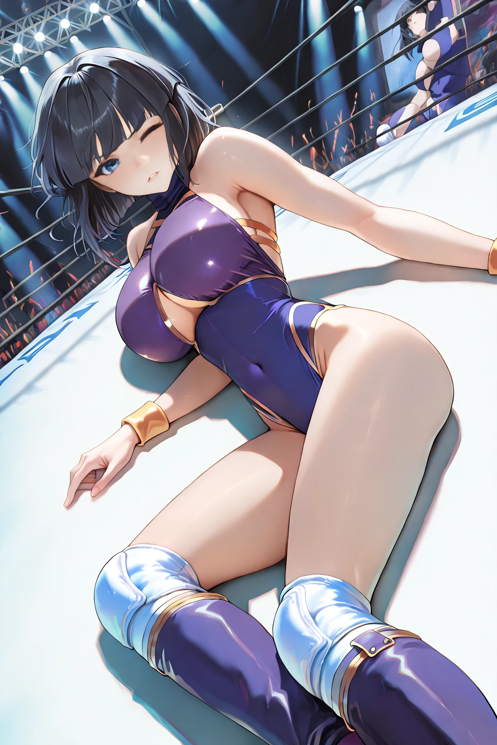 (Perfect body),Best Quality,(8K Portrait),(Official art)、((Police Woman)),(((Wink))),blush,Sweat,((large udder))、((((teats))))、(Dark hair),((bob cuts))、Yellow eyes,(thick thighs)、Adult Woman、Cowboy Shot、(Leaning forward)、(((A smile)))、(Right-handed salute)、Wavy mouth、in poolside、Pink 、(Navy blue jacket)、(highleg leotard)、(((Chest sticks out)))、Show your teeth、((Left hand on hip))、