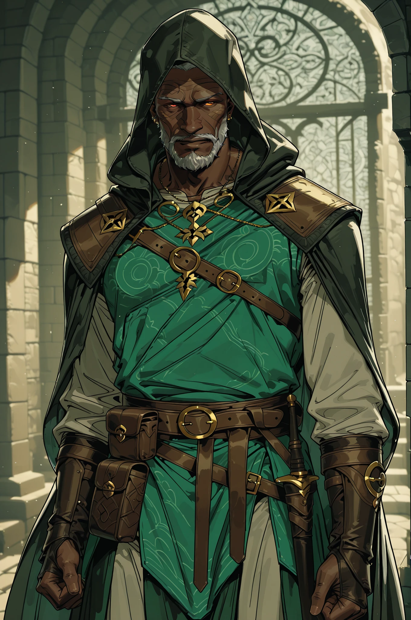 Solo; 1 man, mature man, half_aged man, African skin, wears a hooded cloak that drapes over a rugged tunic, giving off a medieval or fantasy vibe, straps and belts wrap around the waist, securing a pouch at their side. The chest area of the garment is notably worn and frayed, a gentle smile expression, color palette adds depth to the scene, evoking a sense of ancient  and mystery 