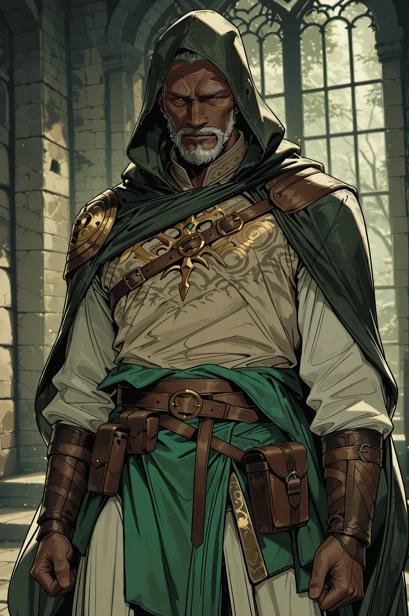 Solo; 1 man, mature man, half_aged man, African skin, wears a hooded cloak that drapes over a rugged tunic, giving off a medieval or fantasy vibe, straps and belts wrap around the waist, securing a pouch at their side. The chest area of the garment is notably worn and frayed, a gentle smile expression, color palette adds depth to the scene, evoking a sense of ancient  and mystery 