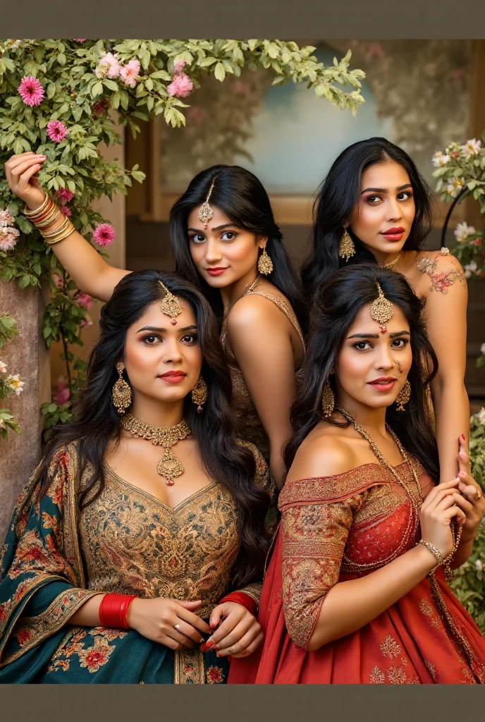 Shot from above, Extremely detailed, women, elven, Pakistani women, bride, surrounded by bride maids, beautiful body, wearing traditional (navy blue and golden), beautiful huge size breast, beautiful face,  extremely detailed greenish gray eyes, lowering gaze, light pink lips, open mouth smile, golden brown skin,  sitting on bench, luxury interior 