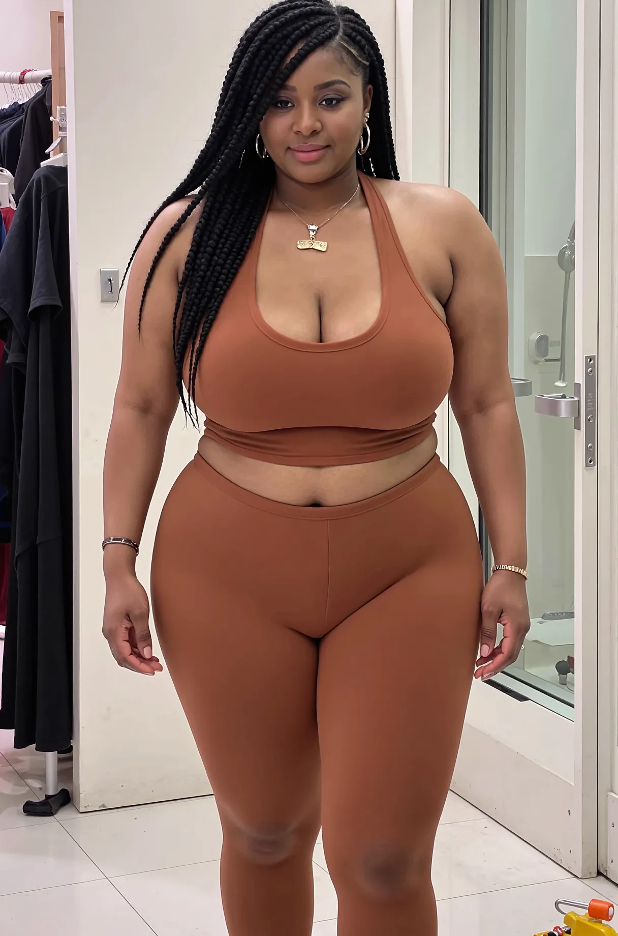 Mulher incrível usando um beige spandex with red numa academia de ginástica, art with bright lighting, 4k artwork, wide-angle, (beige spandex with red), hyper realistic skin texture, drops of sweat by the body