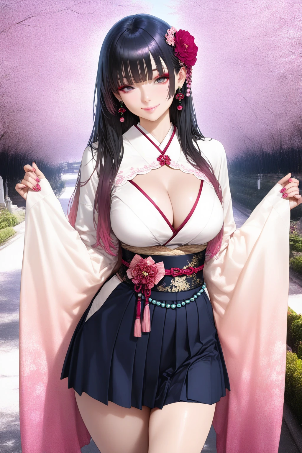 Excellent, masterpiece, high quality, high resolution, 8k, wallpaper, (((a girl))), (solo))), sideways sitting on stone, blush, star pupils, (realistic face), (high detail face), bright big eyes, (smile: 0.9), sweet smile, beautiful and delicate face, sexy body, (high detail skin: 1.2), Chinese hanfu, ((black dress)), short skirt, leaky shoulders, leaky thighs, bandeau, cleavage, medium boobs, long black hair, bangs, Bun, detailed hair accessories, necklace, jewelry, beauty, realistic, light sense, ancient courtyard, courtyard full of plum blossoms, detailed background, 8k uhd, SLR, soft light, high quality, volumetric lighting, candid shot, photo, high resolution --auto --s2