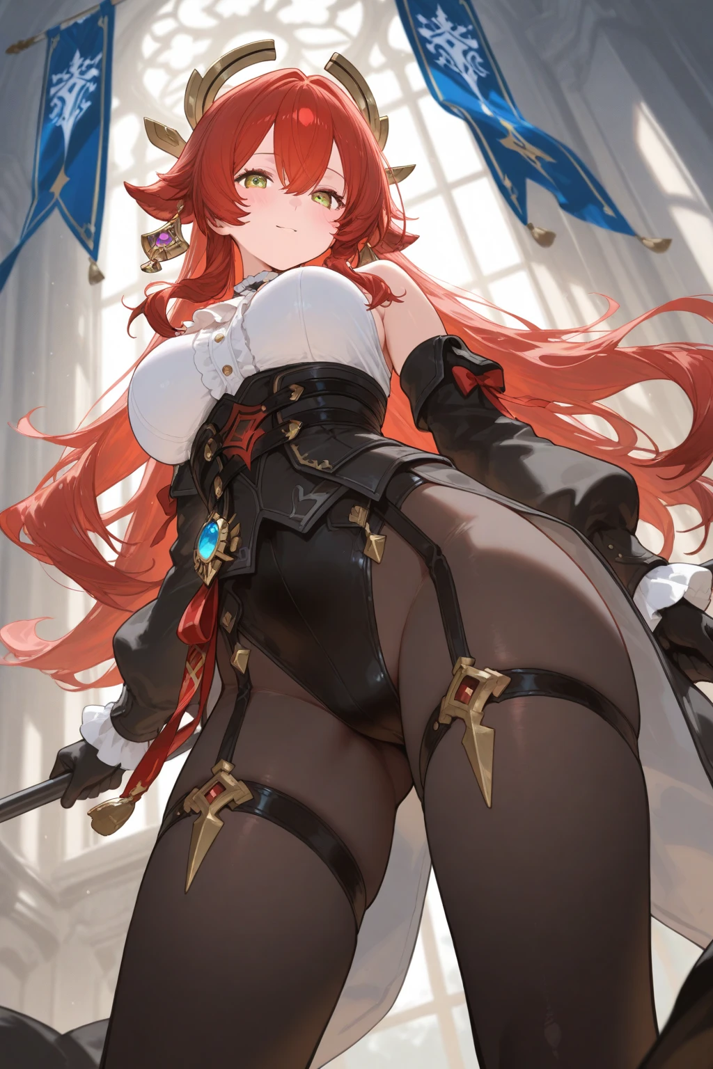 (photorealistic:1.4), (masterpiece, sidelighting, finely detailed beautiful eyes: 1.2), masterpiece*portrait, realistic, 3d face, glowing eyes, shiny red hair, lustrous skin, solo, embarassed, (midriff), black underwear, leotard,nude
