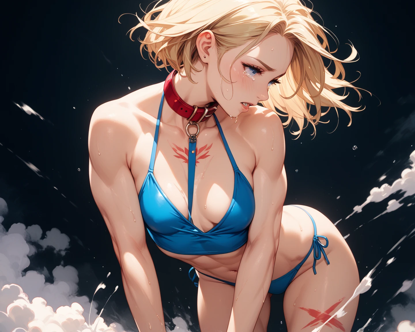 Android 18 from dragón ball sexy in white bikini transparent in future city 