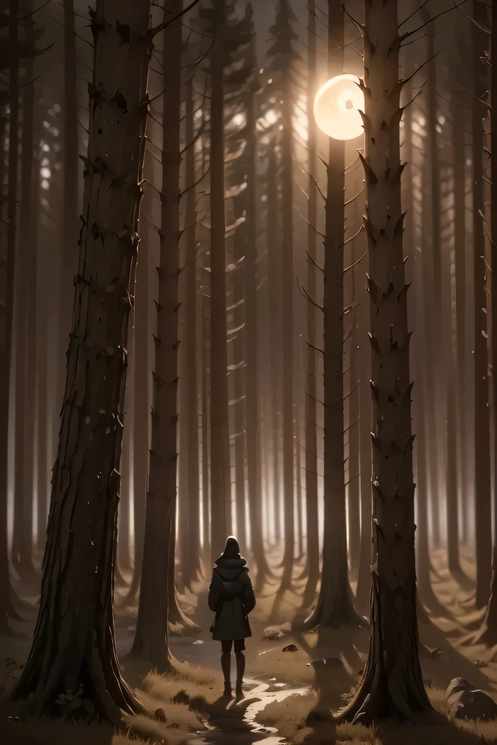 in the middle of the night,a lone figure standing in an eerie,moonlit landscape,misty forest,dark trees silhouetted against a starry sky,glowing full moon,soft fog drifting through the trees,mysterious atmosphere,chiaroscuro lighting,dark and moody,dramatic shadows,cinematic,4K,highly detailed,photorealistic,unreal engine,concept art
