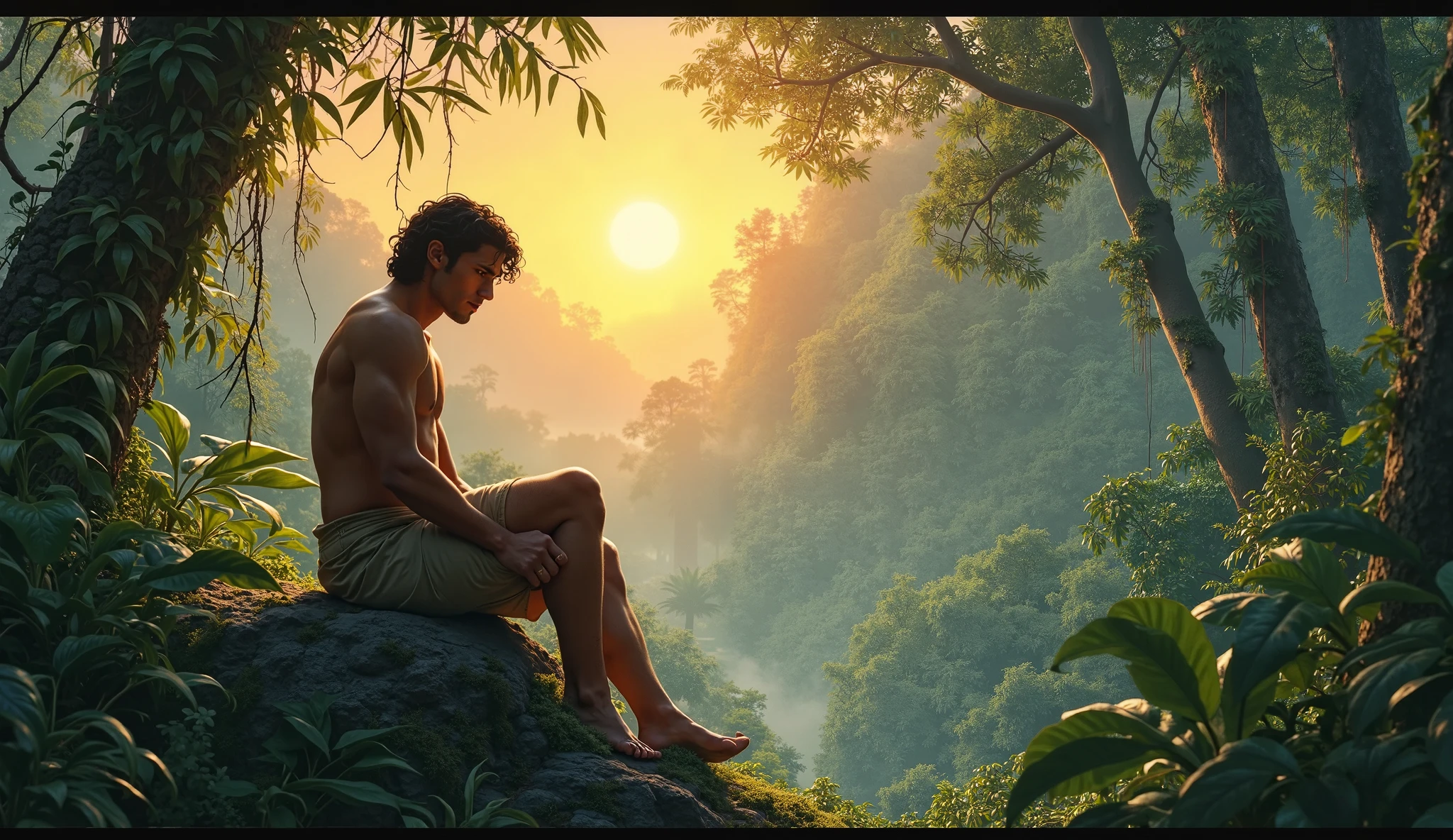 Indian from the Guaraní tribe sleeping in his hammock SURROUNDED BY NATIVE PLANTS WITH LARGE LEAVES FROM THE MISSIONARY JUNGLE