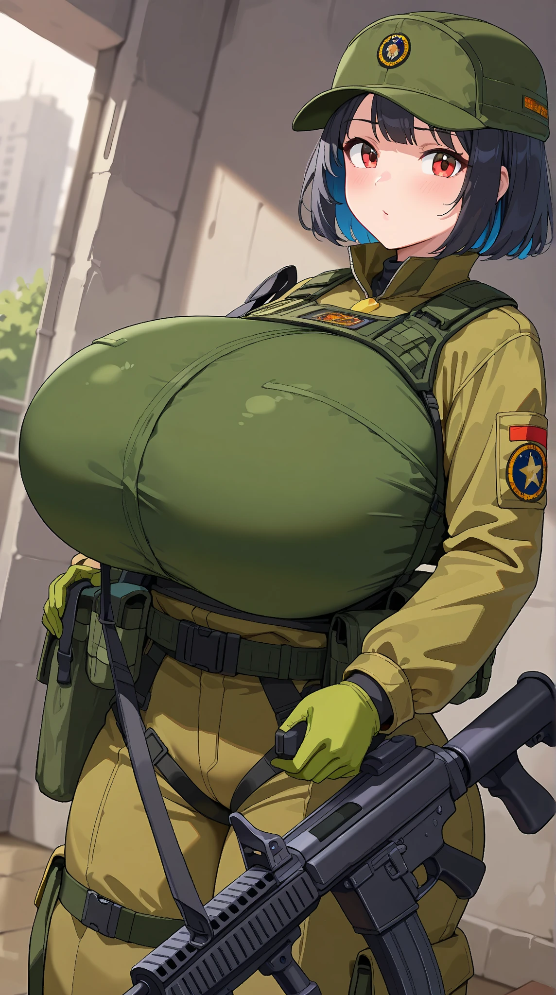 young girl, Pullover, high cut leotard, whole body to see, angry look , scream, bob cut hair, (( very wide hips)), (((colossal Thighs, gigantic thighs, very huge thighs, very big thighs))), fullbody, platform heels, tanned skin, very Big breast, gun, soldier girl , full body, military camouflage body paint, standing, front pose, topless, smile showing teeth, closed eyes,