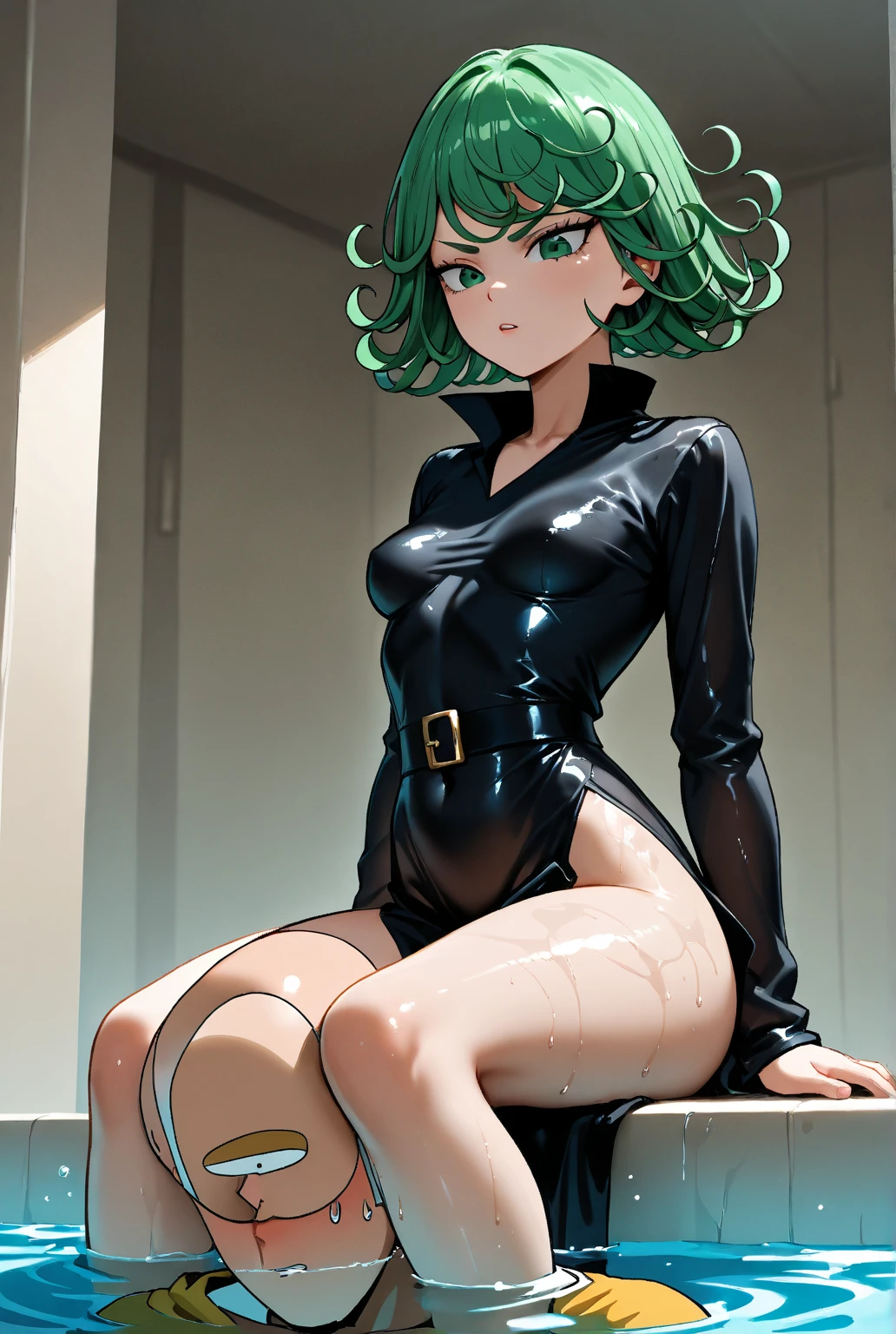 (high res, 8K, masterpiece, looking at viewer, best quality, very aesthetic, ultra detailed, ultra background, ultra Eyes) intricate details, 1girl, Tatsumaki, Dark Bunny Suit, green short hair, green eyes, smile face, Cheeks Flushed, Perverted Face, Two finger right hand, Ass pointing at the camera, Background Windows, City, Bedroom, Cinematic Angle