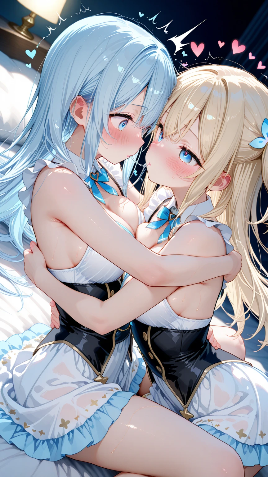 (NSFW:1.2),High resolution, (An illustration: 1.3), anime、((highest quality)), (two young sisters:1.5),(Super detailed), (On a cute hotel bed:1.3)、(blue ribbon on head、two young sisters、alice in wonderland costume:1.4),white and transparent skin、colorful blonde long hair, BREAK (face close-up,breast grab,female masturbation:1.3), (Putting two breasts together,yuri,kiss,pussy juice,wet,cunnilingus,:1.5),tongue out