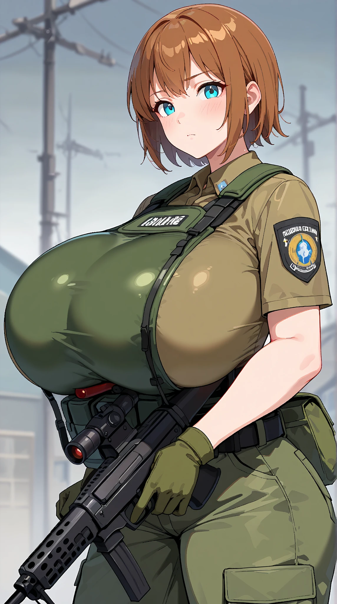 Female mechanic、Swollen nipples、Green Eyes、Braid、Brown Hair、Medium Hair、Chubby、Large build、Grey SF Bodysuit、Green Cargo Pants、blue baseball hat、Hands on your knees、:d、Embarrassing、Sweat、Huge breasts、Fat belly、Thick thighs、Beach