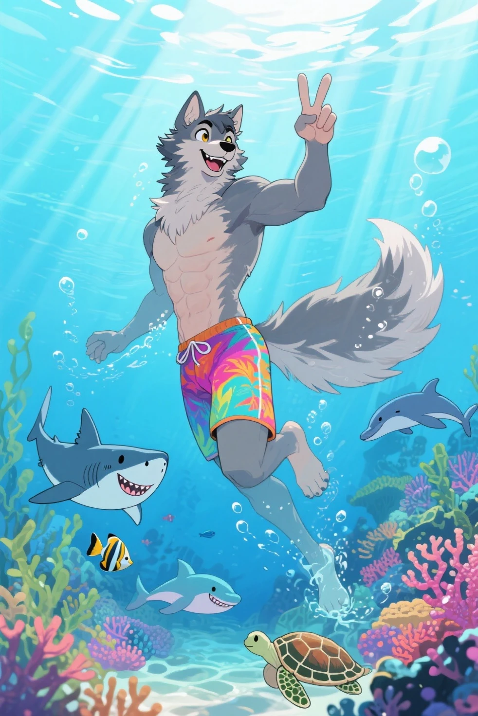 solo, score_9, score_8_up, score_7_up, an Anthro furry brown wolf male, dark brown shaggy hair, black nose, brown furry body, shirtless, wearing Hawaiian swimming trunks, riding a jet ski, in the ocean, sunny day, laughing, wearing sunglasses