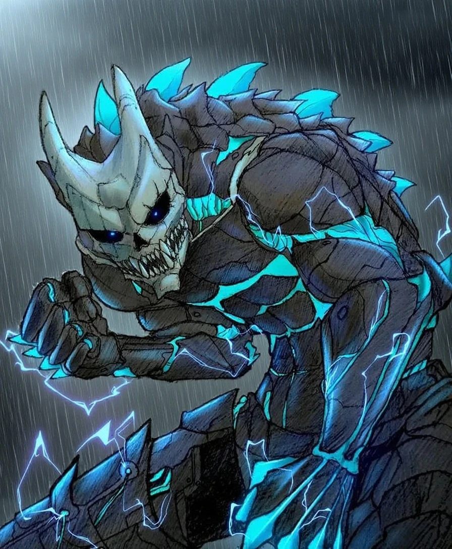 anime character with glowing eyes and horned head in a lightning storm, This character has cryokinesis, poisonous, venom symbiote, from cryptid academia, transforming into his final form, symbiote, cyborg dragon portrait, venom fangs, From the Supreme Lord, from the Pacific Rim, cyborg vegetable dragon, an epic anime of an energetic man