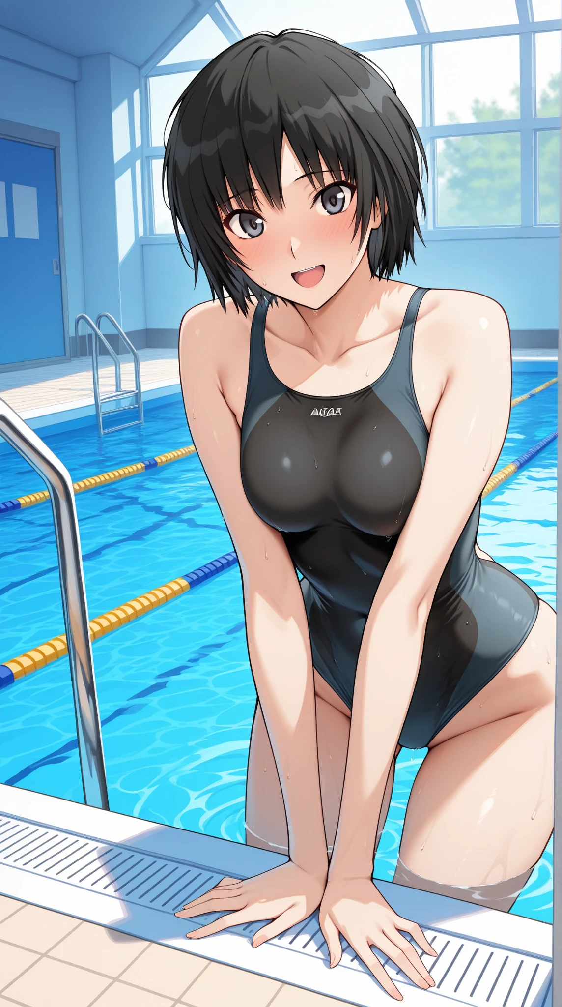 (8K、Highest image quality、highest quality、masterpiece)、detailed face、1、black hair、bob cut、blunt bangs、gray eyes、evil smile、small breasts、one-piece swimsuit、cowboy shot、Blue sky、background a pool、((nsfw))