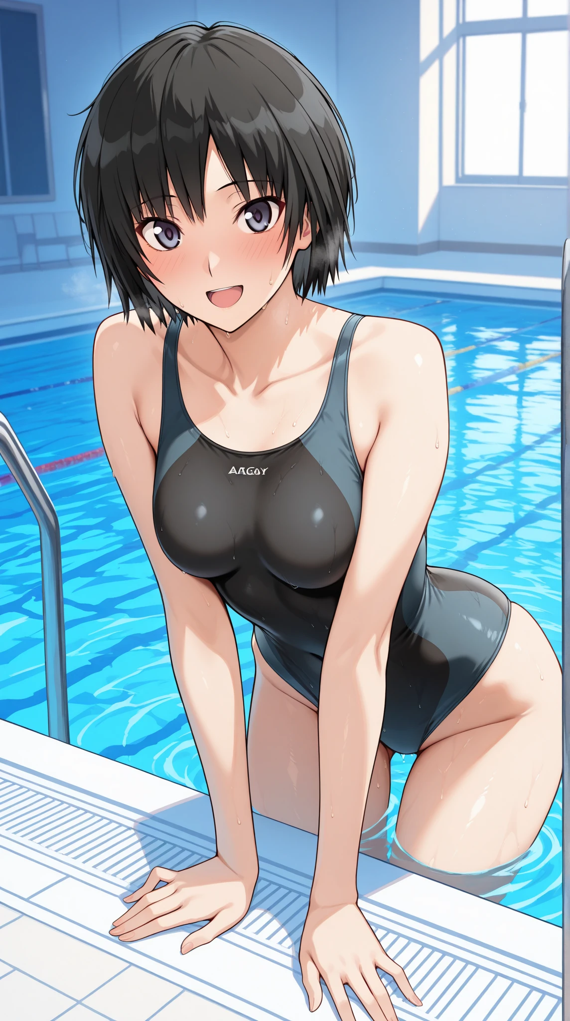 One piece type competitive swimsuit Black Bob Hair Great style blush smile Directly facing