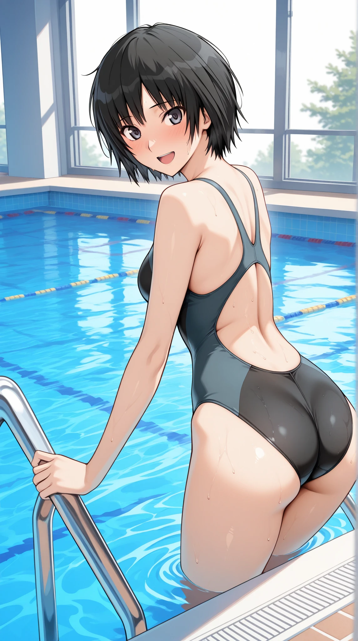 A boyish, short-haired, busty, beautiful-legged woman is standing by the pool in a competitive swimsuit with her legs spread to the side.。Angle from behind。