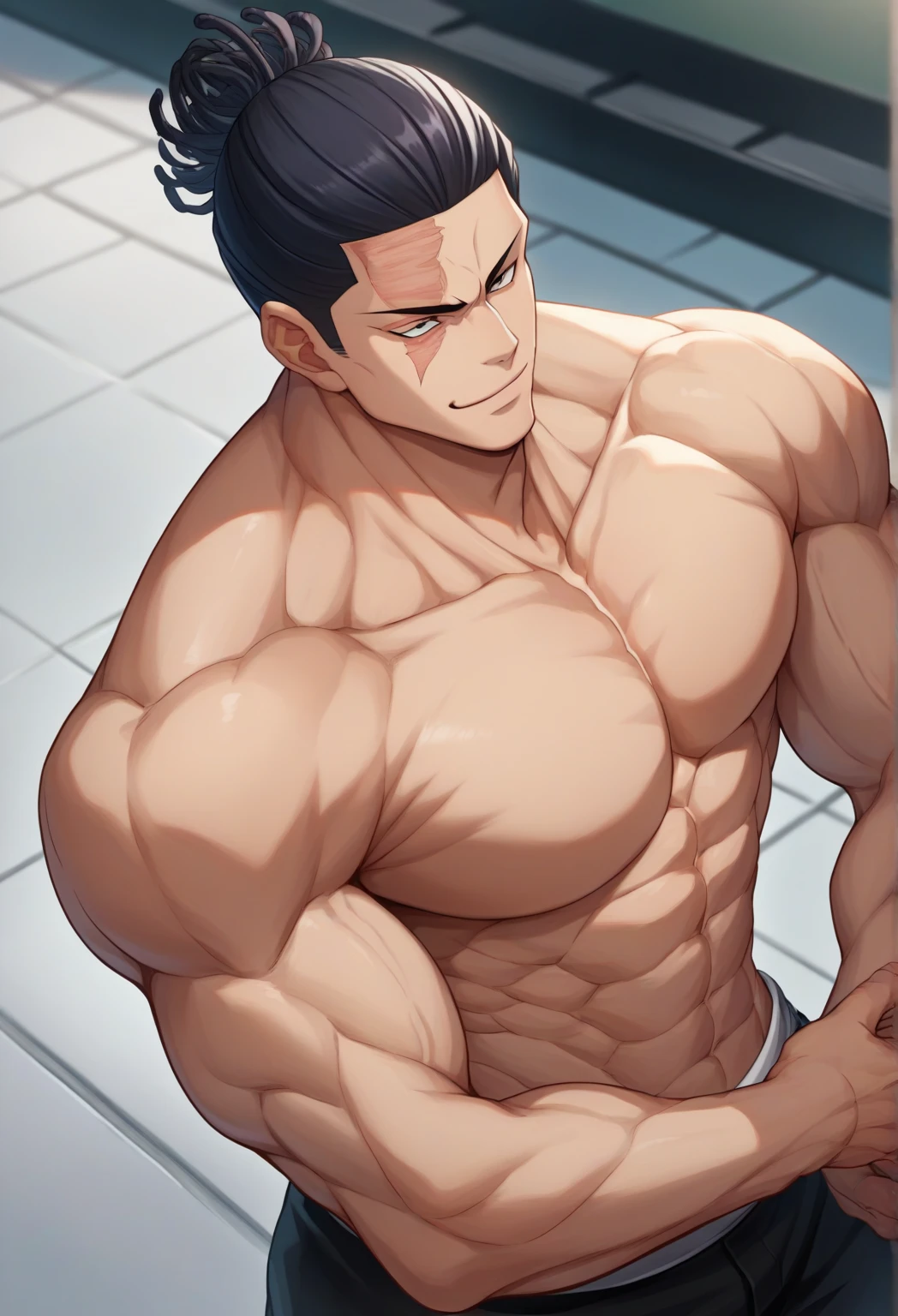 20 year old male bodybuilder anime character wearing a black bodybuilder thong with a mullet hairstyle with ash colored hair while taking a photo in a mirror in his room flexing his muscles with a suggestive look
