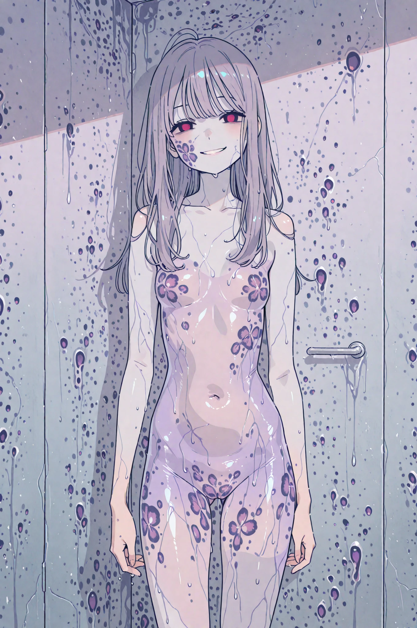 One Naked Girl、Park bench at night、Lying down、Wide-open legs、Hands tied behind back、tits、Nipples、Pussy、Dark pink hair、Expressionless and dead-eyed、Looking down、blue eyes、Bob Hair、Condensed milk is poured all over the body、Condensed milk on your hair、condensed milk on the face