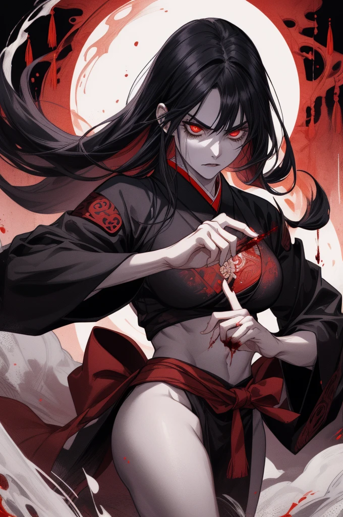 ((highest quality)), ((masterpiece)), (be familiar with),One female,Black Hair,Red eyes,Black Dress,Chest tattoo, Bewitching Smile,Heel,Black Hair,Hair tied around the neck,Red shawl,Erect nipples,(whole body),Slanted Eyes