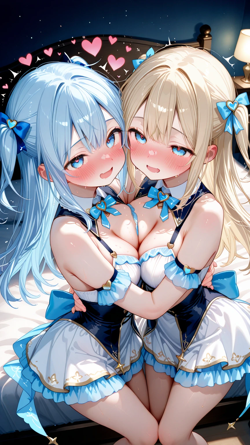 ((highest quality、High resolution))、(((2girls))), Portrait、A beautiful woman、Perfect body、beautiful ample breasts、Long blonde、bangs、Blue and white、Embellished blue sexy dress、skirt、Sexually excited facial expression、(((I'm tempting you、I'm inviting you to have sex)))、Outdoor Scenery