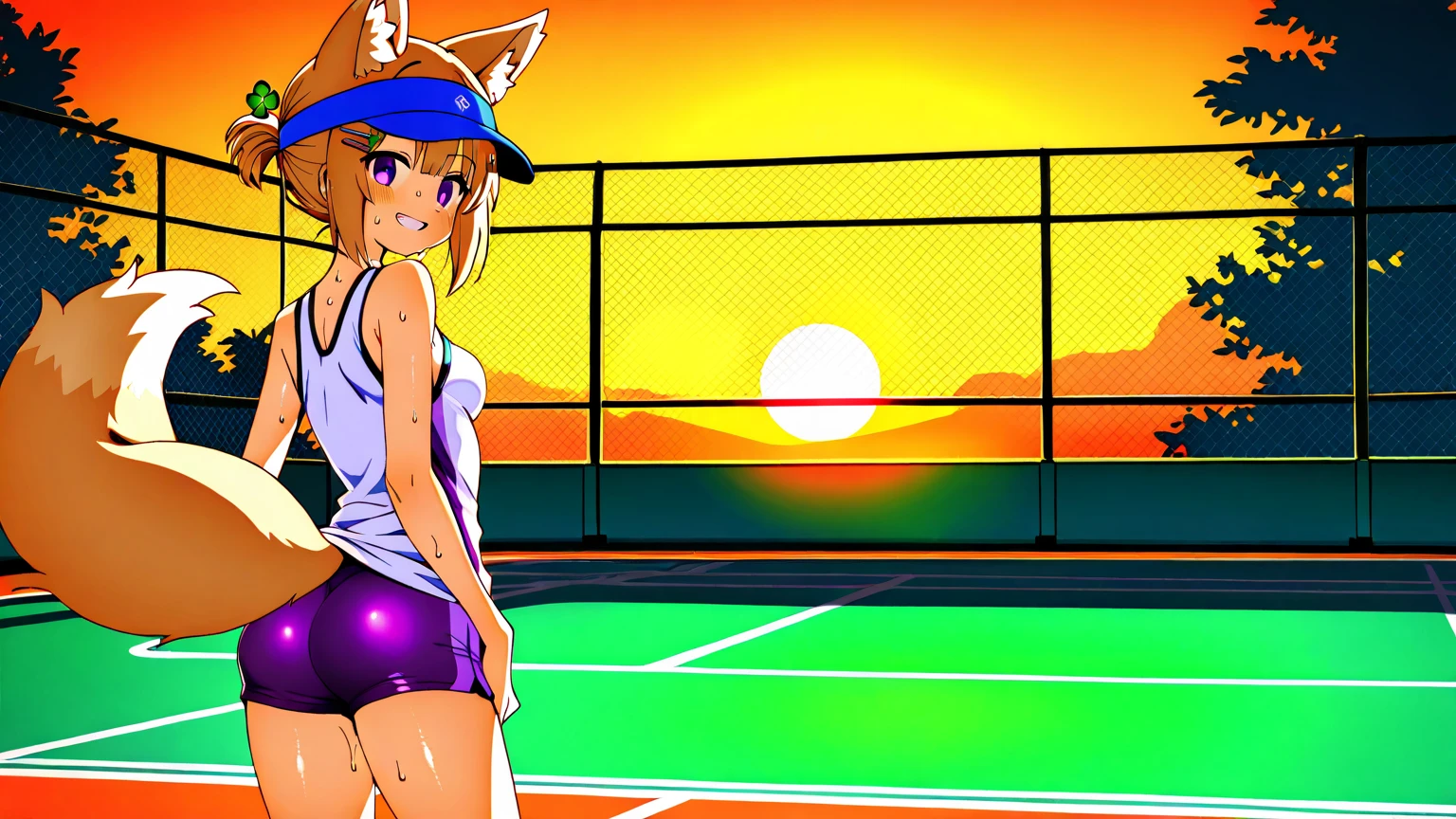 1 girl, medium breasts, Lop, playing tennis, tank top, tight shorts, (furry: 1.5), 2 long ears, back view, bending over, cute butt