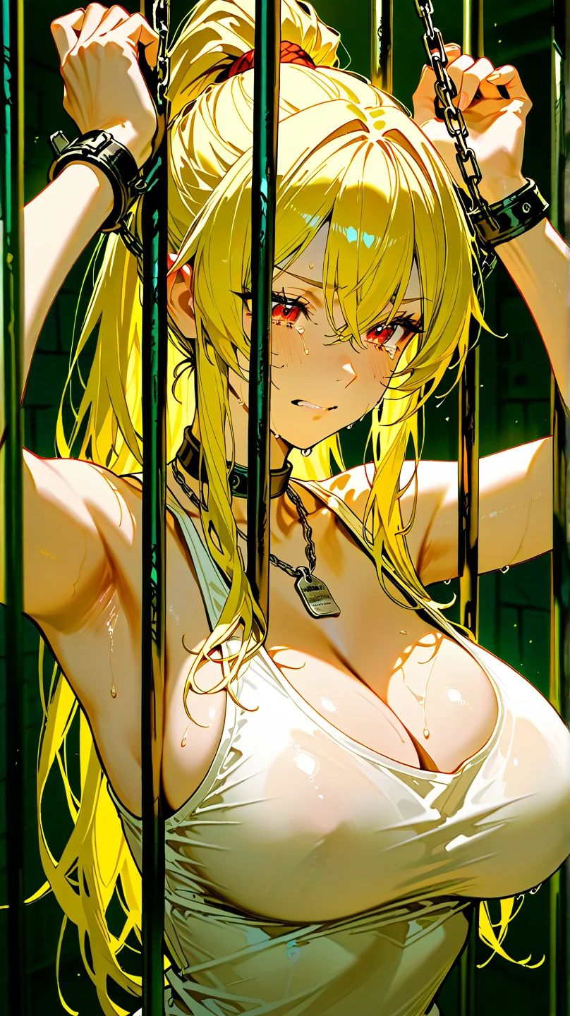 
score_9、score_8_up、Female 1 person、solo、front、Hourglass Shaped Body、Athletic build、Blonde Hair、Tanned brown body、Brown eyes、Firm breasts、Toned body、Sunburn mark、Shiny skin、naked、Ball gag、Blindfold、、Are standing、Drooling、Trembling、Body Lighting、Condom Belt、breast harness、hands chained、In a cell、Subjective、His arms are chained to the ceiling、Raising his arms