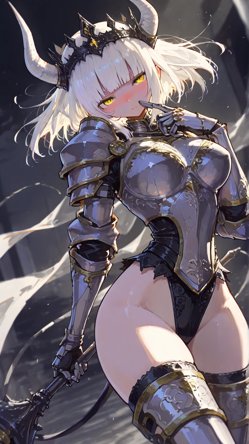 (((SHARP detail perfect face))), (huge breasts), ( bearing hips), detailed skin, ((masterpiece)), best quality, (SHARP details), 4k, (((female gladiator))), ((dark skin)), (cat ears), (cat tail), (platinum hair), (muscular), sweat, thong, (slave collar), slutty (gladiator armor), amber eyes, looking at viewer, (tall woman), (in heat), (tomboy), (mature woman), ((Woman taller than viewer)), ((MILF)),