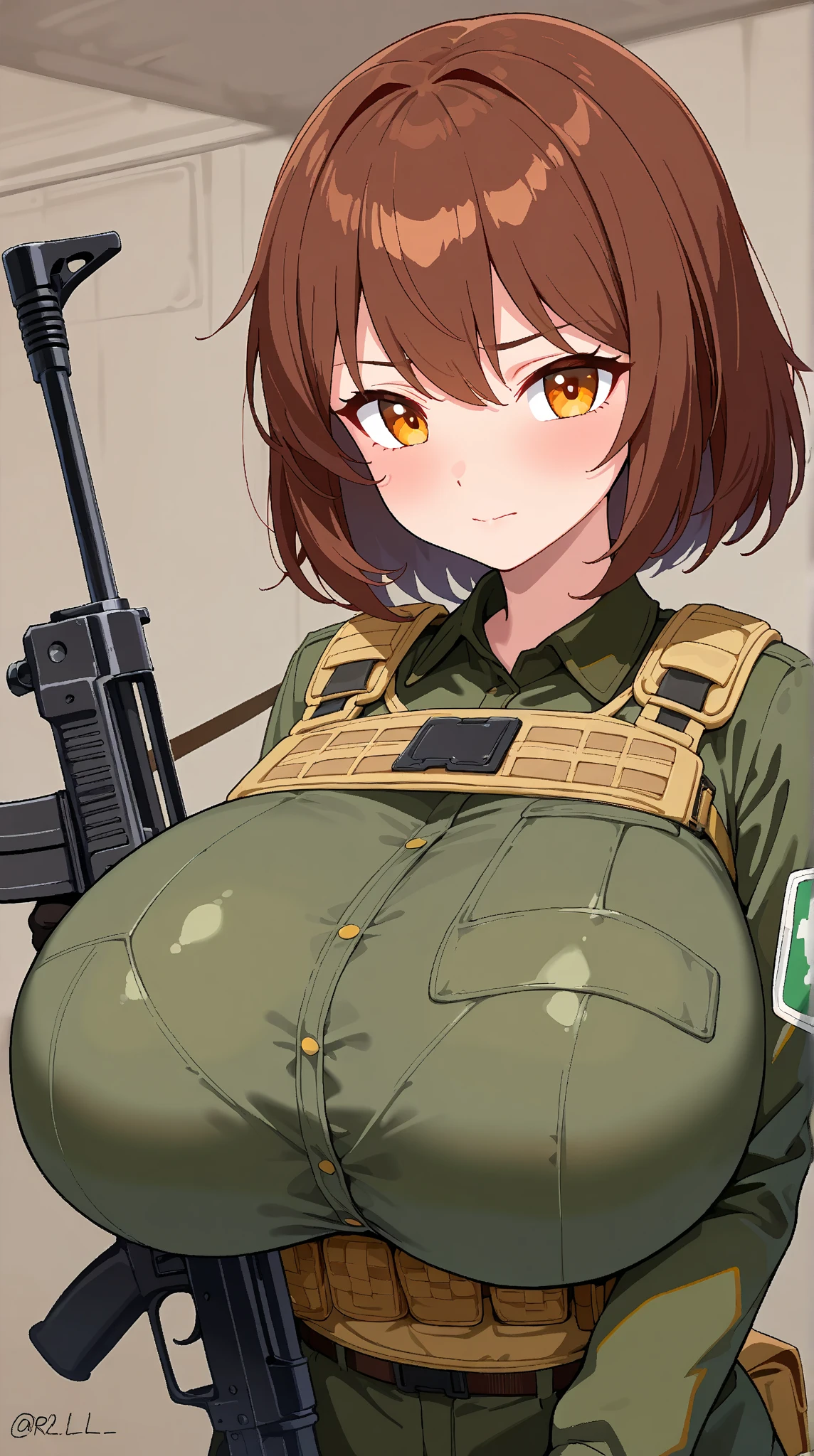 Cute girl, short light brown hair, smile, big breasts, cardboard bra, exposed stomach, cardboard as pants, uses cardboard as clothes