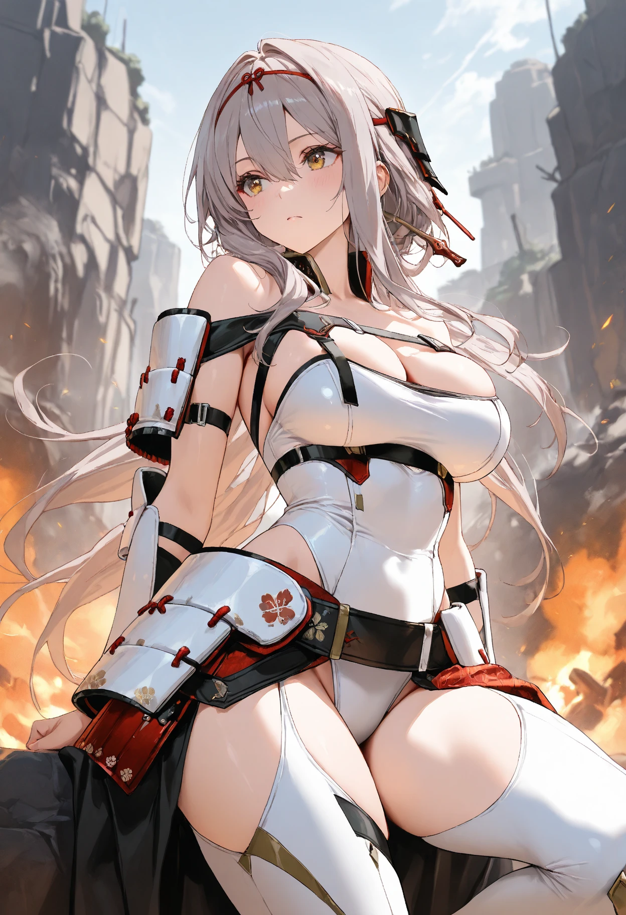 Highest quality, Outstanding detail, Super high resolution, (Fidelity: 1.4), Best Illustration, favor details, Close-up, A mecha girl with a delicate and beautiful face, ((Red and white semi-mechanical body: 1.8)), (big breast: 1.2), Sexy, Belly button, cl...White stockings illustration of fantasy