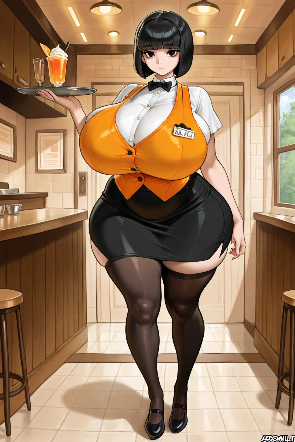 table top, highest quality, figure, super detailed, delicate details, High resolution, 8k wallpaper, 完璧なダイNamiックな構figure, 美しくfine eyes, natural lip, high heels), (((huge breasts :1.5, and saggy breasts:1.5))), cleavage, random sexy pose, whole body, super delicate face, (((dazzling white skin))), moist lips, (very long hair、orange hair), innocent big eyes, fine eyes, ((非常にfine eyes))、 smile、smile、30 generation women、mom、black bunny suit、Fishnet tights、black stockings、Silver Tray、Silver Trayの上にワイングラス、右手にSilver Tray、Place your left hand on your hip.、(casino）、Nami、Tattoo on the left shoulder
