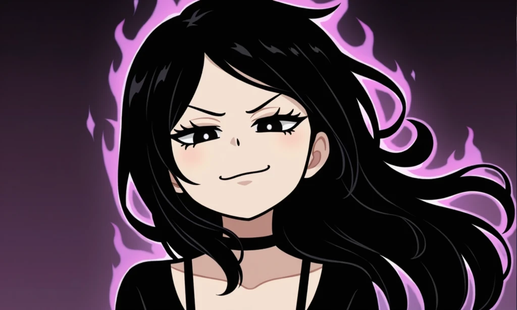 score_9, score_8_up, score_8, medium breasts, (curvy), cute, eyelashes, BREAK, , 1girl, solo, long hair, black hair, blunt bangs, purple leather jacket, shiny clothes, big belt, black eyes, energy, evil smile, floating, grin, red sclera, v-shaped eyebrows, white jeans, black shirt, BREAK, smile, looking at viewer, cowboy shot, embedding:zPDXL,