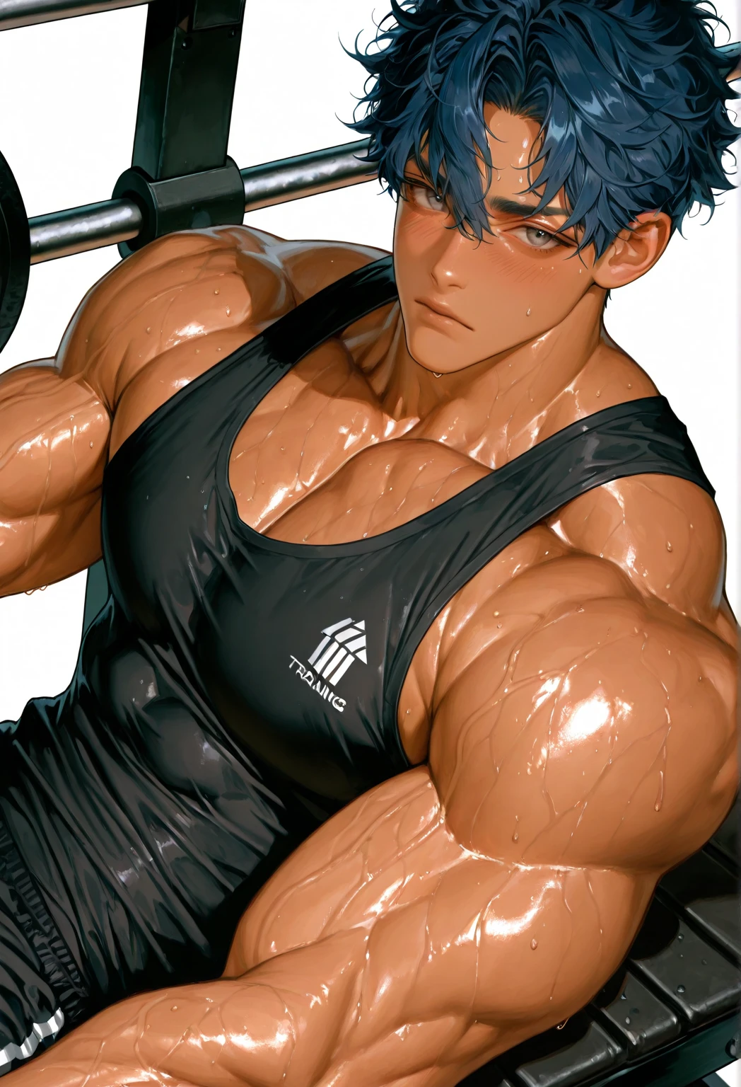 (Eine detaillierte Zeichnung von Teen Trunks, purple hair , bodybuilding gym.), shirtless, huge muscle Body, Big Bizeps, Big shoulders, muscukar legs,abs, barefoot, mma, boxing,shirtless, Most muscular Body, Big muscle hunk