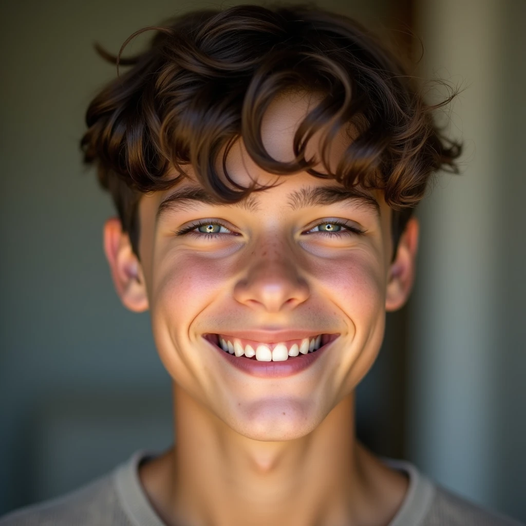 A 15-year-old Brazilian boy with short brown hair taking a selfie 